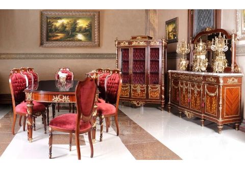 French style ormolu-mounted dining room, Francois Linke Style Dining Set, Martin Carlin Style Dining Set, Jean-Henri Riesner Style Dining Set, French Louis XV dining room, French Louis XVI dining room, Empire style dining room, marquetry dining room, dining table, dining chair, china buffet, French style credenza, antique style dining set, vintage dining room set reproductions, High Quality Antique Furniture Reproductions, Antique Furniture, Antique Furniture Manufacturer in Egypt, Antique Furniture Gallery, Antique Furniture Store
